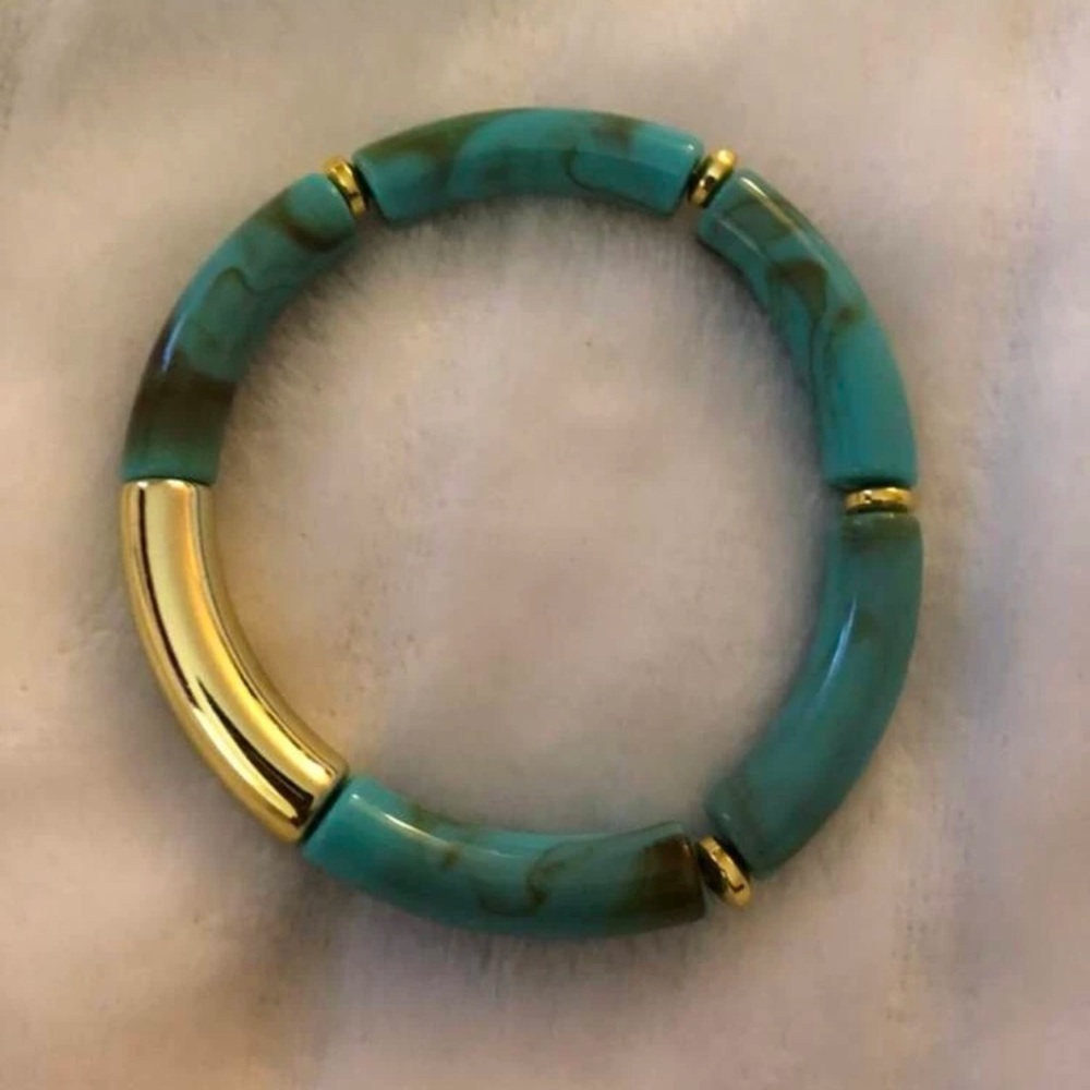 B2G1🌵Boho Turquoise Tube Bead & Gold Tone Stretch Stacking Bracelet NWT - Picture 8 of 15